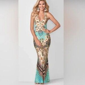 VENUS Aqua Print Halter Maxi Dress S Beach Resort Vacation